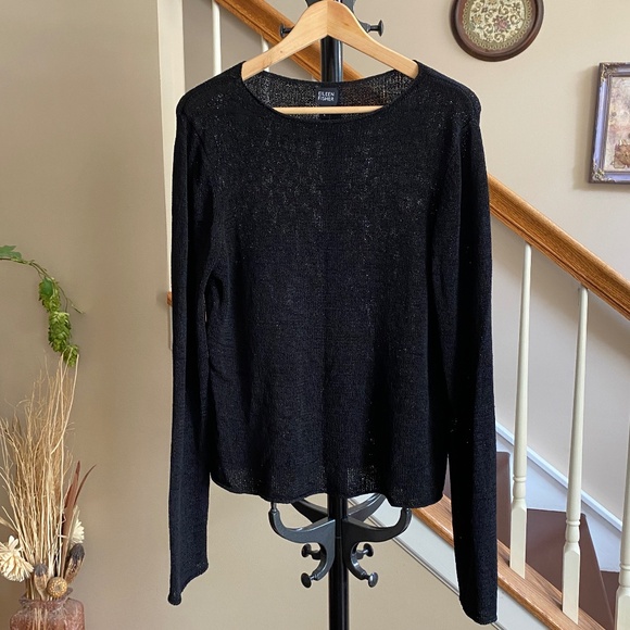 Eileen Fisher Semi Sheer Silk Blend Round Neck Black Sweater Size Large - Picture 1 of 11